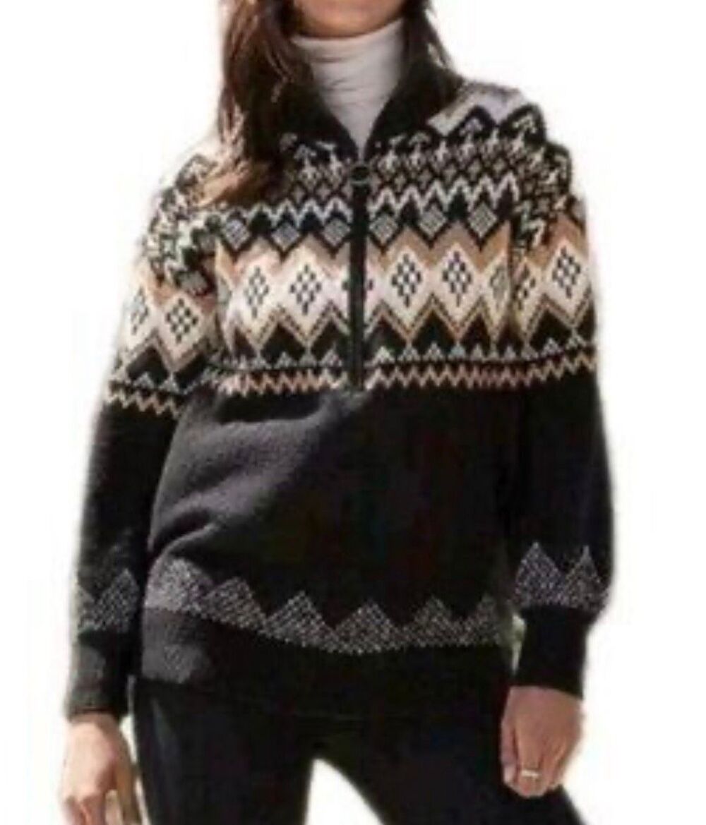 LOFT Size S Fair Isle Half Zip Sweater Black Tan Cream Nordic Knit